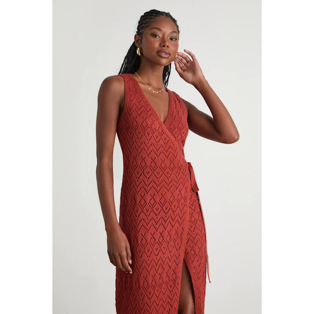 Lulus Kasper Rusty Red Pointelle Knit Wrap Midi Dress - Size L